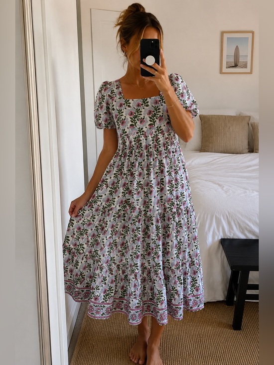 Sz Blockprints Dresses & Skirts - SZ Blockprints Divya Midi Dress in Essa Print Moss & Faded Rose Size S